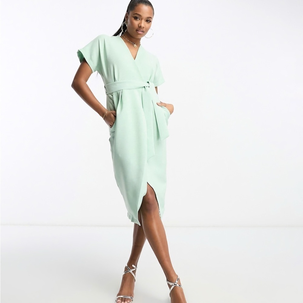 NWT Closet London Sage Green Kimono Wrap Tie Midi Dress Size 8